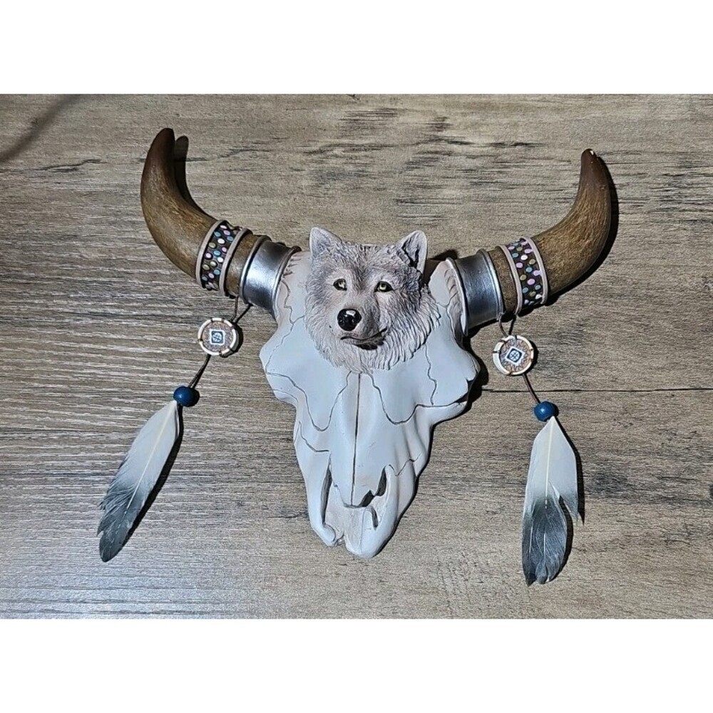 Wolf Art Bradford Exchange Wall Decor Picture Mystic Monarch Cow Skull Feathers